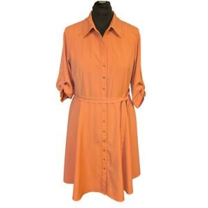 Sharagano Button Front Shirt Dress Coral Orange Fall Career Wear Size 14